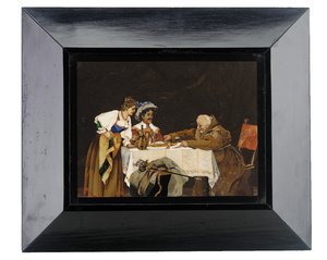 Tablica przedstawiająca kawalera i mnicha przy stole w towarzystwie damy, Menegatti, Florencja, koniec XIX wieku (pietra dura) autorstwa Italian School