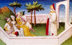 Rajski ogród, ilustracja z „Podróży Marco Polo”, Rustichello da Pisa (tempera na welinie) autorstwa Italian School