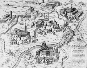 Pielgrzymi odwiedzający Siedem Kościołów Rzymu w Roku Świętym 1575, rycina, Włochy autorstwa Italian School