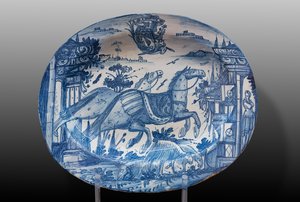 Talerz zdobiony końmi wyścigowymi i herbem, I poł. XVIII w. (majolica) autorstwa Italian School