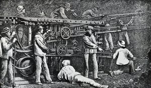 Pneumatyczna wiertarka do skał stworzona przez Giovanniego Battistę Piattiego i udoskonalona przez Germano Sommeillera (1815-1871), grawerowanie Włoch autorstwa Italian School