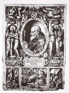 Papież Pius V, z winietami o bitwie pod Lepanto, z Vita del Gloriosissimo Papa Pio Quinto, wyd. 1586 autorstwa Italian School