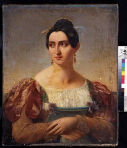 ""Portret kobiety"" (Portret kobiety) Młoda kobieta włoskiej szlachty, ubrana w sukienkę ze wstążkami na ramionach. Malarstwo szkoły włoskiej z początku XIX wieku. Muzeum Puszkina, Moskwa autorstwa Italian School