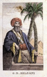 Portret Giovanniego Battisty (Gianbattisty) Belzoniego (1778-1823), włoskiego badacza i archeologa, który dokonał ważnych odkryć archeologicznych w Egipcie. Grawer — w „Podróż do Egiptu i Nubii” firmy Belzoni, Mediolan autorstwa Italian School