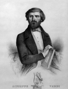 Portret włoskiego kompozytora Giuseppe Verdiego (1813 - 1901) z 1844 roku z partyturą opery „I due foscari”. autorstwa Italian School