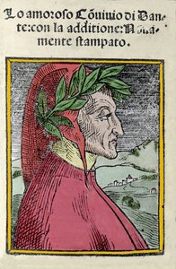 Portret włoskiego poety Dantego Alighieri (1265-1321). Rytownictwo. Frontyspicjum „Il convivio” z 1554 r. autorstwa Italian School