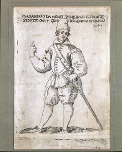 Portret neapolitańskiego rybaka i rewolucjonisty Masaniello (1623-1647) (Portret Masaniello, neapolitańskiego rybaka i przywódcy buntu przeciwko rządom Habsburgów w Neapolu w 1647 r.) Rycina XVII-wiecznego Museo Nazionale di San Martino Neapol autorstwa Italian School