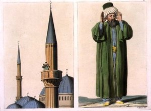 Muezin publiczny i detal, tablica 37 z części III tomu I „Historii Narodów”, sztych. V. Raineri (akwatinta) autorstwa Italian School