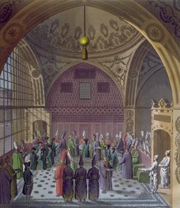 Przyjęcie zachodnich ambasadorów przez wielkiego wezyra sułtana w Konstantynopolu, ok. 1820 (kolorowe grawerowanie) autorstwa Italian School