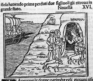 Reet de Beritola. Ilustracja do wiadomości 16 (Nowa szósta dnia drugiego) „Dekameronu” ”od Giovanniego Boccaccio dit Jean Boccaccio (1313-1375), włoskiego pisarza. Grawerowanie w „Dekamerone ouer Cento nouelle” Wenecja, Bartolomeo de 