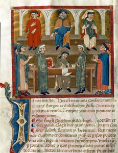 Reprezentacja Kancelarii Notarialnej Strona zaczerpnięta z Matricola del Consorzio dei Notai di Perugia (ms. 972) (Rejestr Zakonu Notariuszy) 1343-1354 Perugia, Biblioteca Comunale Augusta autorstwa Italian School