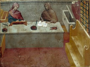Reprezentacja kamerlingwisty, pomocnika kopisty Anonimowy obraz na drewnie Biccherny (okładka księgi rachunkowej miasta Siena) 1388. Siena Archivio di Stato, Włochy autorstwa Italian School