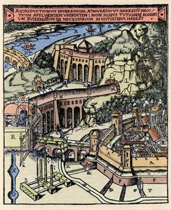 Reprezentacja akweduktu. Grawerowanie kolorowane z „De Architectura” Vitruvy (I wiek p.n.e.) - Wydanie Gottardo da Ponte, Come autorstwa Italian School