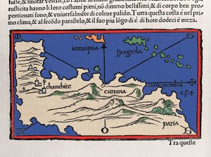 Reprezentacja Wysp Karaibskich i wybrzeży Wenezueli. Isolario (mapa wysp) autorstwa Benedetto Bordone. Wenecja 1547 autorstwa Italian School
