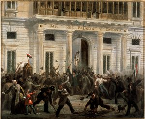 Rewolucje 1848, Pięć dni Mediolanu: 18 marca powstańcy przejmują Pałac Rządu (obraz autorstwa Italian School