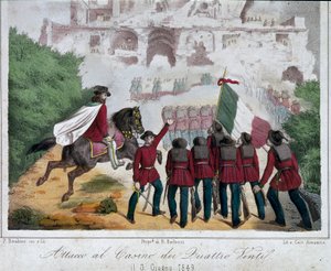 Risorgimento, Republika Rzymska (Repubblica romana): żołnierze armii Giuseppe Garibaldiego na koniach próbują odzyskać willę Quattro Venti w Rzymie 03.06.2018. Litografia Rzymskie Muzeum Narodowe Risorgimento autorstwa Italian School