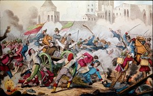 Risorgimento: Walki pod Palermo 26 maja 1860. Wyprawa Tysiąca (czerwone koszule). Giuseppe Garibaldi (1807-1882) między Palermo a buntownikami dołączył do niego, by walczyć z żołnierzami królestwa Burbonów w Neapolu. Grawerowanie XIX w autorstwa Italian School