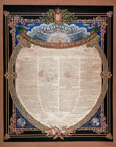 Risorgimento: konstytucja ogłoszona przez króla Ferdynanda II Obojga Sycylii (1810-1859) w 1847 r. Neapol, Museo Nazionale di San Martino Włochy autorstwa Italian School