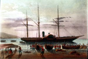Risorgimento: wyjazd 8.08.1860 Giuseppe Missori, oficera armii Giuseppe Garibaldiego (1807-1882), w detroit Mesyny w kierunku fortu Villa San Giovanni. Ilustracja z XIX wieku autorstwa Italian School