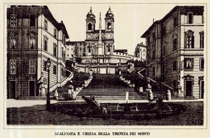 Rzym: Klatka schodowa i kościół Trinita Dei Monti (lito) autorstwa Italian School