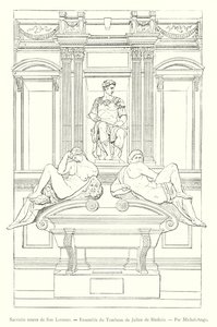 Nowa Zakrystia San Lorenzo, Zespół Grobu Giuliano de Medici, autorstwa Michała Anioła (rycina) autorstwa Italian School
