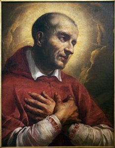 Św. Karol Boromeusz (1538-1584). (San Carlo Borromeo) Fragment anonimowego obrazu Neapol (Włochy), olej na płótnie, XVII wiek. Muzeum Sztuk Pięknych w Angers. autorstwa Italian School