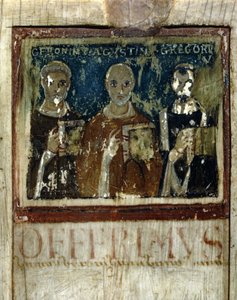 Św. Hieronim, św. Augustyn (354-430) i św. Gregoire I Wielki (540-604), fragment z dyptyku Boece, ok. 487 (miniatura na kości słoniowej) autorstwa Italian School