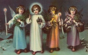 Święty i anioły (kolorowa litografia) autorstwa Italian School