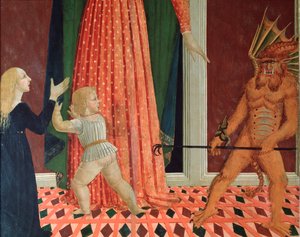 Santa Maria del Soccorso lub Maryja Wspomożycielka Szczegół demona (detal diabła) Obraz szkoły florenckiej z XV wieku Florencja Chiesa di Santo Spirito autorstwa Italian School