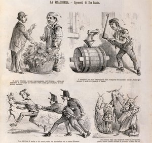 Komiks satyryczny poświęcony kryzysowi winiarskiemu wywołanemu przez filokserę, ilustracja z gazety satyrycznej Spirito Folletto, 18 września autorstwa Italian School