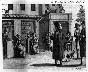 Scena 1 aktu I komiksu „Il ventaglio” (Wydarzenie) (1764) autorstwa Carlo Goldoni (1707-1793). Grawerowanie XVIII wieku autorstwa Italian School