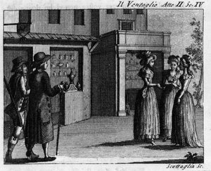 Scena 4 aktu II komiksu „Il ventaglio” (Wydarzenie) (1764) autorstwa Carlo Goldoni (1707-1793). Grawerowanie XVIII wieku autorstwa Italian School