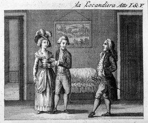 Scena 5 aktu I utworu „La locandiera” (1753) autorstwa Carlo Goldoni (1707-1793). Grawerowanie XVIII wieku autorstwa Italian School
