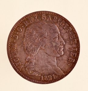 Srebrna moneta włoska (ecu) z królestwa Sardynii: panowanie Vittorio Emanuele I (Wiktor Emanuel I) (1759-1824). 1821. śr. 3,8 cm Neapol, muzeum archeologiczne autorstwa Italian School