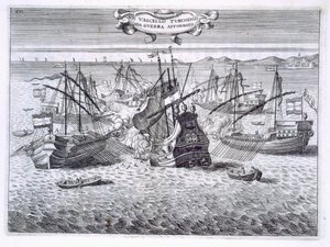 Zatopienie tureckiego okrętu wojennego, ilustracja z „Wartości Toskanii w najważniejszych przedsięwzięciach Rycerzy Santo Stefano” autorstwa Fulvio Fontany, sztychowana przez H. Vincenta, 1701 r. autorstwa Italian School