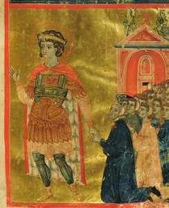 Niektórzy bracia modlący się do św. Teodora z Mariegoli, 1350 (atrament i złoty liść na welinie) autorstwa Italian School
