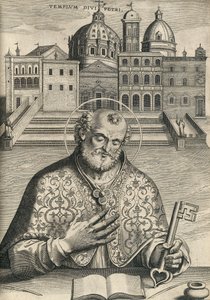 St Piotr przed Bazyliką św. Piotra z kościoła Septem Urbis Primariae, wyd. 1599 autorstwa Italian School