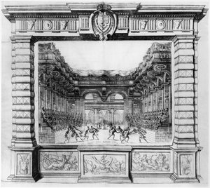 Scenografia Giacomo Torelli (1608-78) dla la Finta Pazza wystawiona w 1645 w Theatre Petit Bourbon w Paryżu, 1654 autorstwa Italian School