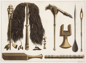 Tahitańskie narzędzia i instrumenty ceremonialne, ilustracja z kolekcji książek podróżniczych z początku XIX wieku autorstwa Italian School