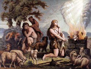 Adoracja Baranka (Kaina i Abla) – Cain et Abel (poświęcenie owcy) w „Golden Classic Bible: History of Divine Revelation in the Ancient and New Tension”” autorstwa Giovanniego Ladislao Sykora (t. 1), przekład Dona Klemensa Benettiego. (Włochy autorstwa Italian School