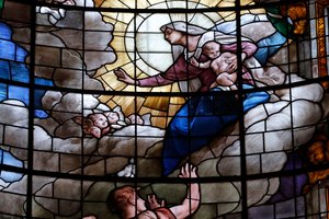 Wniebowzięcie Najświętszej Maryi Panny do nieba. Witraż. Katedra w Genui, katedra San Lorenzo. Genua. Włochy. autorstwa Italian School