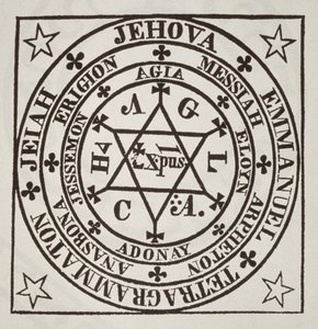 Wielki Magiczny Krąg Agryppy dla Przywołania Demonów, kopia ilustracji z Les Oeuvres Magiques de Henri Corneille Agrippa, Rzym 1744, wykorzystana w Historii magii, opublikowanej pod koniec XIX wieku autorstwa Italian School