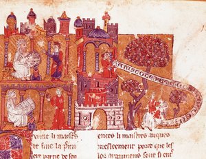 Grecki filozof Arystoteles (383-322 pne) uczy swoich uczniów moralności i pogardy dla kobiet (mysoginia) Miniatura z włoskiego rękopisu z XIV wieku. Bibliotheque Inguimbertine Municipal de Carpentras. autorstwa Italian School