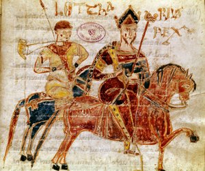 Król Franków, a następnie Lotharia I (IX wiek) Miniatura z „Codex Legum Longobardorum” (lub Langobardorum) opisująca prawa królestwa Lombardii ustanowionego przez króla Rothariego autorstwa Italian School