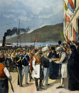 Książę Neapolu – ówczesny Wiktor Emanuel III (Victor-Emmanuel) (Vittorio Emanuele) – otrzymuje w Rijece, zgodnie z tradycją, chleb i sól od rodziny Helene de Montenegro. autorstwa Italian School