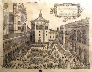 Święto Byka na Wielkim Placu Cremone (Cremona) we Włoszech. Rycina XVI-wiecznej Cremony, Museo Civico Italy autorstwa Italian School
