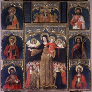 Dziewica z Dzieciątkiem: Ołtarz Matki Bożej Różańcowej. Matkę Bożą otacza sześciu świętych: św. Piotr, św. Jan Chrzciciel trzymający Baranka Bożego, św. Barthelemy, św. Szczepan, św. Julian, św. Maria Magdalena. Powyżej cruc autorstwa Italian School