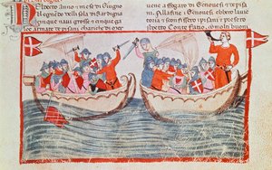 Bitwa pod Melorią, miniatura z New Chronicles autorstwa Giovanniego Villaniego, Włochy XIV wiek. autorstwa Italian School