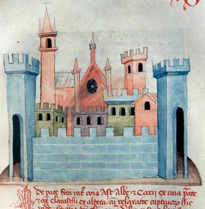 Miasto Cherasco (Querasque) w prowincji Coni w Piemoncie we Włoszech. Kościół i mury oraz wieża obronna średniowiecznego miasta. Strona Codex Astensis lub Malabayla. Miniatura z XIII wieku. Asti, Archivio Storico Comunale autorstwa Italian School
