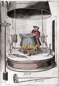 Kuchnia pod dzwonkiem. Rycina z „Opery”, księgi gastronomicznej podzielonej na 6 części, autorstwa Bartolomeo Scappi, osobistego kucharza papieża Piusa V. Wenecja autorstwa Italian School